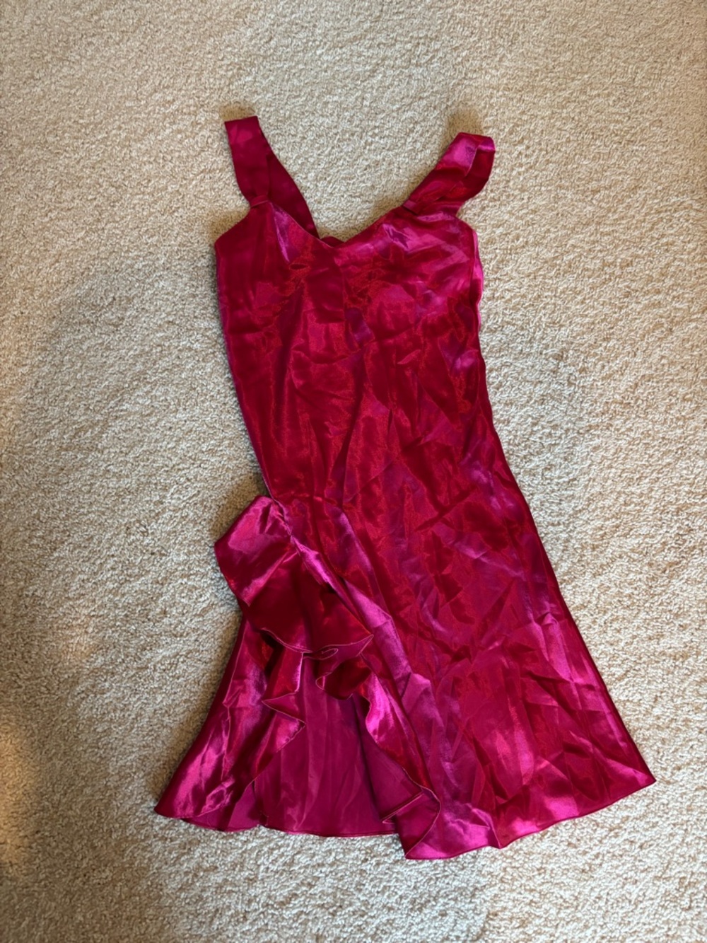 Vintage Victorias Secret Fuchsia Satin Slip Dress with Ruffle Hem